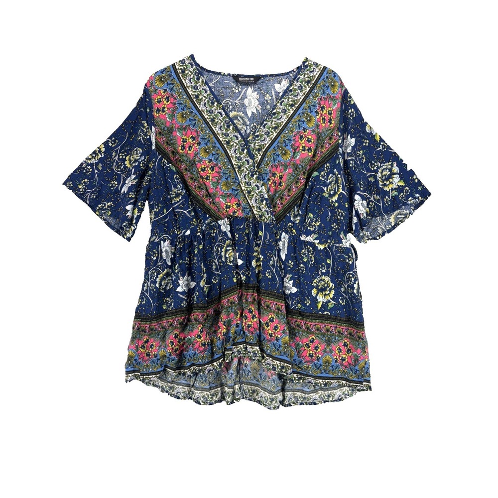 Boho Floral V Neck Tunic Festival Resort Top Blue Bell Sleeve Womens 18-20 Plus - Picture 3 of 13